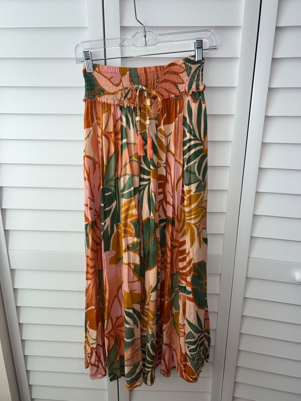 Smocked Waist Tropical Print Maxi Skirt in Pink & Green